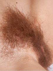 Erotic picture of Dennie sensually poses on the bed baring her unshaven pussy.