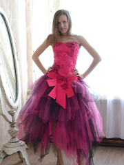 Erotic picture of Gorgeous teen cutie stripping an evening dress and showing body in front of a big mirror