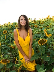 Erotic picture of Semmi strips her yellow sexy dress and   dazzles us with her voluptuous body   with super smooth and fair skin, puffy large breasts, and her alluring blue eyes in the sunflower field.