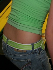 Erotic picture of Petite blonde Skye Model is out having fun in a tight top and jeans