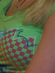 Erotic picture of Petite blonde Skye Model is out having fun in a tight top and jeans