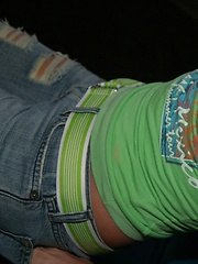 Erotic picture of Petite blonde Skye Model is out having fun in a tight top and jeans