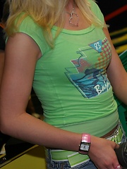 Erotic picture of Petite blonde Skye Model is out having fun in a tight top and jeans