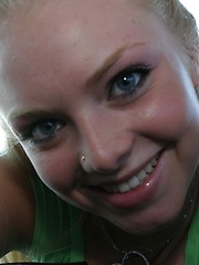 Erotic picture of Petite blonde Skye Model is out having fun in a tight top and jeans