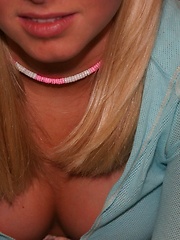 Erotic picture of Cute teen Skye Model shows off her perky tits in a very low cut top