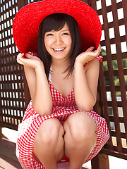 Erotic picture of Ayana Tanigaki Asian shows pussy and ass in red panty under dress