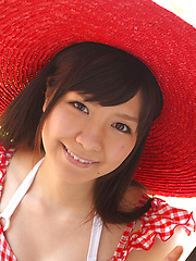 Erotic picture of Ayana Tanigaki Asian shows pussy and ass in red panty under dress