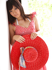 Erotic picture of Ayana Tanigaki Asian shows pussy and ass in red panty under dress