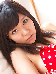 Erotic picture of Ayana Tanigaki Asian shows pussy and ass in red panty under dress