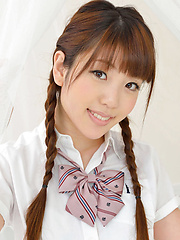 Erotic picture of Mizuho Shiraishi Asian with pigtails and uniform sits with ass up