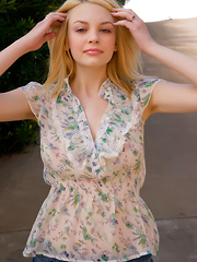 Erotic picture of Lovely blonde Bree Daniels on the park teasing and posing in her lustry floral dress and shorts