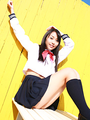 Erotic picture of Miyu Watanabe Asian in school uniform loves rubbing cunt of ball