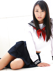 Erotic picture of Miyu Watanabe Asian in school uniform loves rubbing cunt of ball