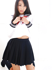 Erotic picture of Miyu Watanabe Asian in school uniform loves rubbing cunt of ball