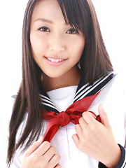Erotic picture of Miyu Watanabe Asian in school uniform loves rubbing cunt of ball