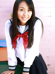 Erotic picture of Miyu Watanabe Asian in school uniform loves rubbing cunt of ball