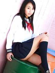 Erotic picture of Miyu Watanabe Asian in school uniform loves rubbing cunt of ball
