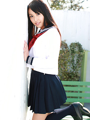 Erotic picture of Miyu Watanabe Asian in school uniform loves rubbing cunt of ball